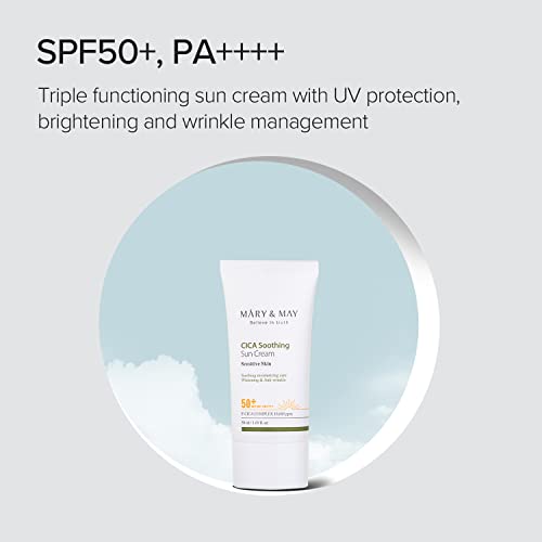 [Mary&May] CICA Soothing Sun Cream SPF50+ PA++++ 1.69 Fl Oz / 50ml | Light Absorption, Non-Sticky SPF, Hydration, No White Cast, Cica Facial, Daily care | Cruelty Free, Vegan