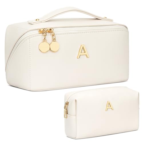 Cloudwings Initial Makeup Bag Set Beige - Personalized Gift for Women