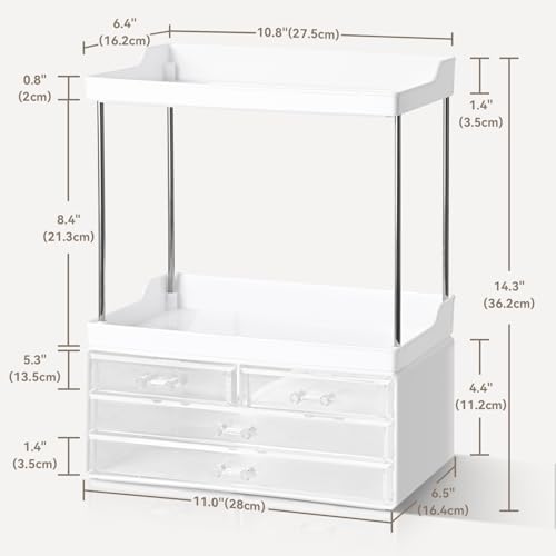 Bathroom Organizers and Storage, 5-Tier 4-Drawer Makeup Organizer Countertop, Multi-Purpose Large Makeup Vanity Organizer, Hair Product, Perfume & Skincare Storage, White