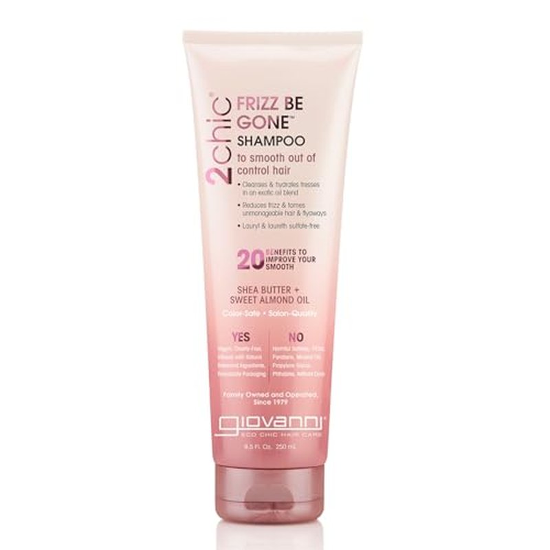GIOVANNI 2chic Frizz Be Gone Shampoo - Anti Frizz Natural Hair Smoothing Formula with Shea Butter & Sweet Almond Oil, Macadamia, Coconut, Sulfate & Paraben Free, Color Safe - 8.5 oz