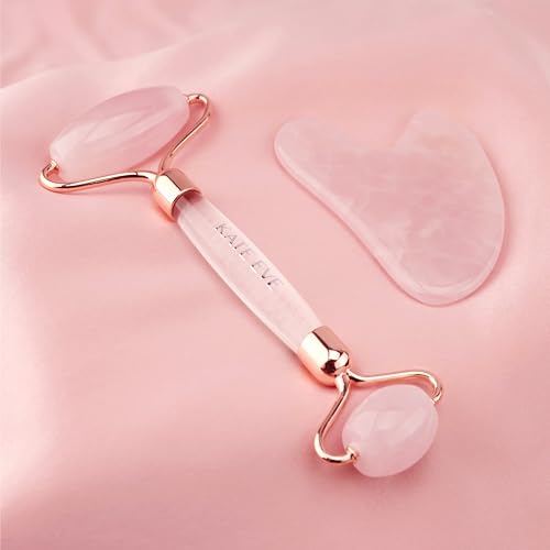 Rose Quartz Facial Roller & Gua Sha Set for Skin Massage and Puffiness Relief