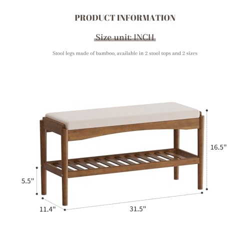 STDDRE Bamboo Shoe Bench with Cushion Seat 2-Tier Entryway Organizer, Brown-Beige, 31.5x11.4x16.5 Inches