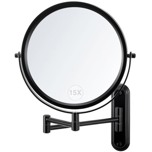 Black 15X Wall Mounted Makeup Mirror - 360° Swivel, Extendable Arm