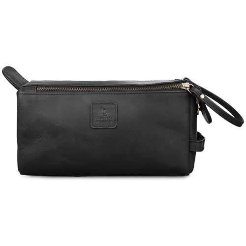 Full Grain Leather Toiletry Kit for Men & Women ? Travel Toiletries & Shaving Bag Organizer, Water-Resistant Grooming Case for Bathroom, Makeup & Cosmetic Storage - Midnight Black