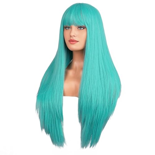 RightOn Blue Green Long Straight Wig for Cosplay & Daily Wear with Bangs, 26in