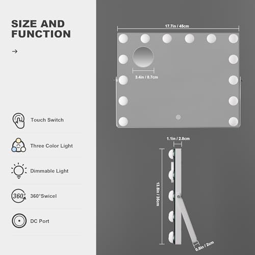 Hasipu Vanity Mirror with Lights, 17.7" x 13.8" Hollywood Mirror, Makeup Mirror with 14 Dimmable Bulbs and 10X Magnification, 3 Colors Modes, Touch Control, 360¡Æ Rotation, White