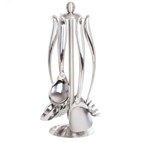 Stainless Steel Cooking Utensil Set with Rotating Holder - 7-Piece Kitchen Tools
