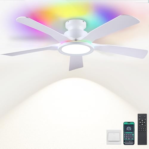 Wiviniya 52-Inch White RGB Ceiling Fan with Remote & App Control, Dimmable Light