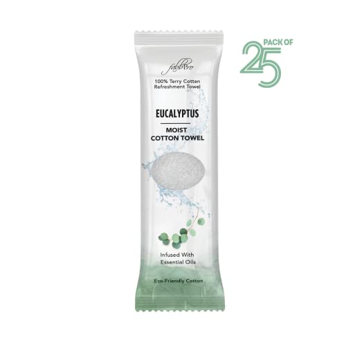 Eucalyptus Scented Pre-Moistened Cotton Towels - Pack of 25, 8x8 Inches, Hot or Cold Use