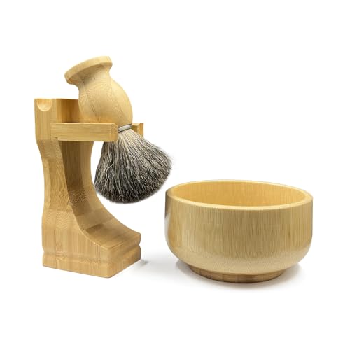 Men's Shaving Kit with Badger Brush, Bamboo Bowl & Stand - Wet Shaving Set