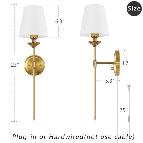 Gold Plug-In or Hardwired Wall Sconce Set of 2 - Dimmable Mid Century Modern Bedside Lighting with Knob Switch and 6.5FT Cord