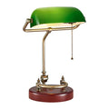 Green Banker Desk Lamp with Solid Birch Wood Base and Pull Chain Switch - Traditional Glass