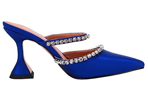VETASTE Women's Blue Pointed Toe Strappy Satin Heeled Mules for Wedding & Party - Size 8
