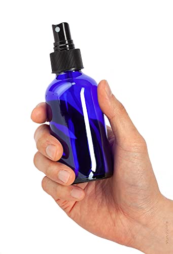 12 Pack 4 oz Blue Glass Spray Bottles with Fine Mist Pump - Refillable & UV Protected