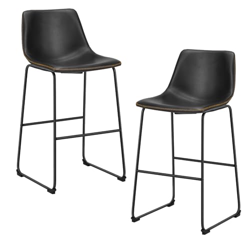 Sweetcrispy Set of 2 Black Faux Leather Bar Stools with Metal Legs - Counter Height