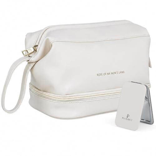 Pocmimut Large White PU Leather Makeup Bag with Mirror, Double Layer Travel Organizer for Women