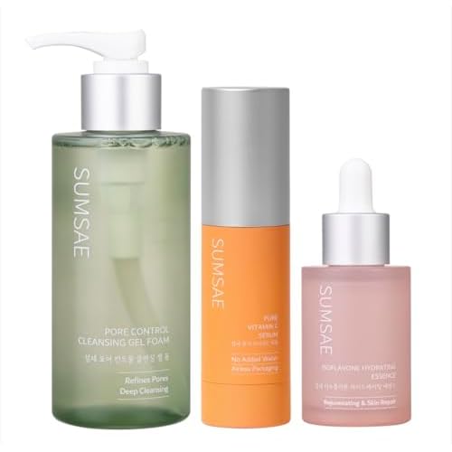 Skincare Routine Set ? Pore Control Cleansing Gel Foam, Isoflavone Hydrating Essence, and Pure Vitamin C Serum | 3-Step Korean Skincare Kit for Clear, Hydrated, Radiant Skin