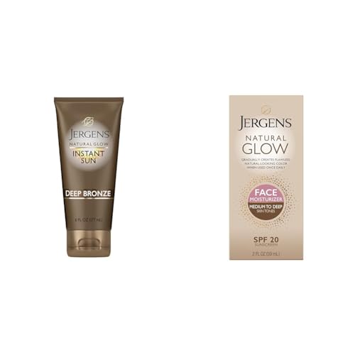 Jergens Natural Glow Instant Sun Sunless Tanning Moisturizer & Natural Glow Self Tanner Face Moisturizer, SPF 20 Facial Sunscreen, Medium to Deep Skin Tone, Sunless Tanning, Oil Free