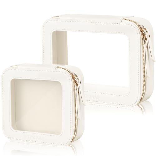 Mini & Medium Clear Makeup Bags Set - Waterproof Cosmetic Pouch with Zipper, Ivory White