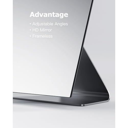 Rectangular Free-Standing Makeup Mirror, Frameless 1X Vanity Mirror with Adjustable Tilt, Metal Base, for Desk, Bathroom Countertop or Windowsill, 12 x 7 Inches