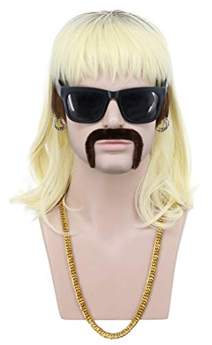 Men's Long Curly Blonde Rocker Mullet Wig with Mustache and Accessories