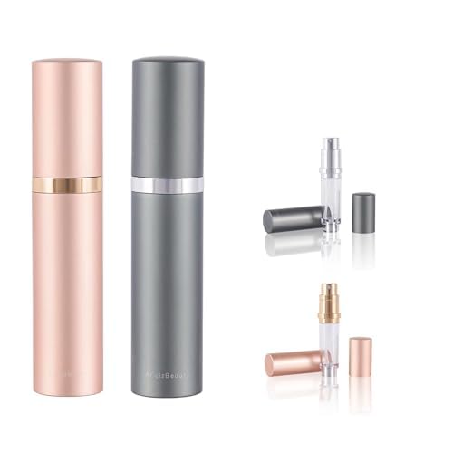Travel Refillable Perfume Fragrance Atomizer 0.17fl.oz/5ml. Cologne Pocket Recyclable Portable Sprayer Bottle. Mini Scent Pump Case Dispenser Perfume Container (DEEP GREY + ROSE GOLD)