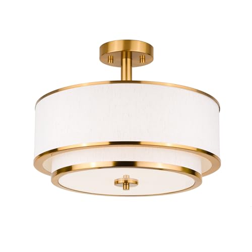Edwarmlux Brushed Gold 3-Light Semi Flush Mount Ceiling Light with White Fabric Shade