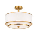 Edwarmlux Brushed Gold 3-Light Semi Flush Mount Ceiling Light with White Fabric Shade