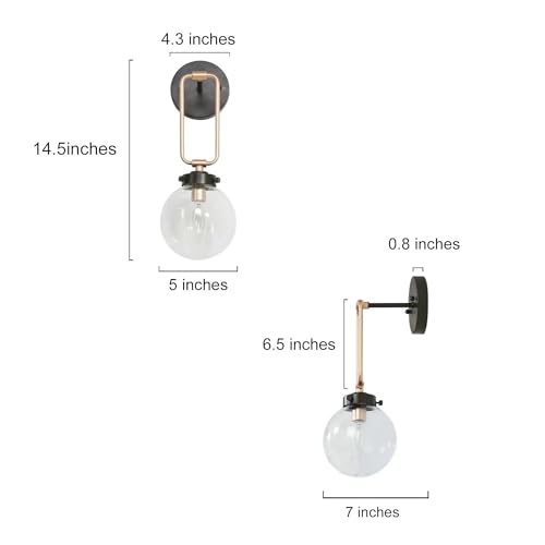 KSANA Black & Gold Wall Sconce - 1-Light Mid-Century Modern Wall Lighting for Bedroom & Living Room, Clear Globe Shade