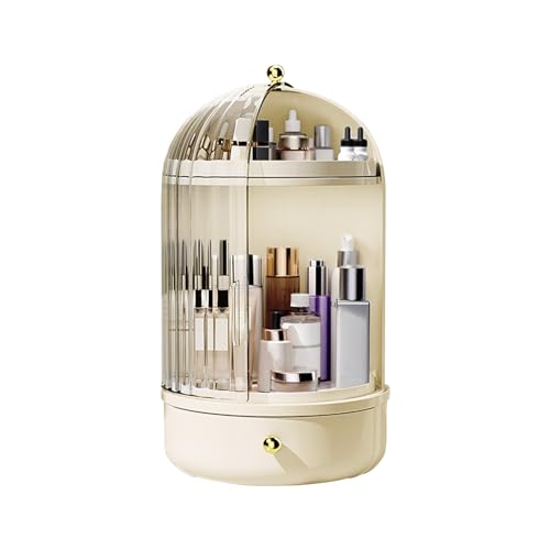 DASITON Makeup Organizer Countertop,360¡Æ Rotating Makeup Storage Organizer with Cover and Drawer,Waterproof Cosmetics Display Case,Large Capacity Skincare Organizers for Vanity,Desktop,Bathroom(Cream)