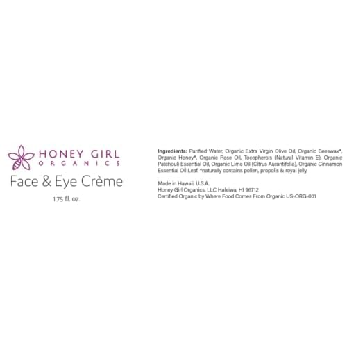 Honey Girl Organics Face & Eye Cr?me, USDA Certified Organic Facial Moisturizer & Under Eye Cream for Wrinkles, Dark Circles and Puffiness w/Hydrating Honey, Beeswax, Essential Oils & EVOO. 1.75oz