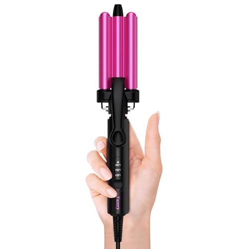 Farery Mini 3 Barrel Hair Waver - Pink Beach Wave Curling Iron for Short Hair, 1/2 Inch Ceramic Crimper, Travel Dual Voltage with Pouch
