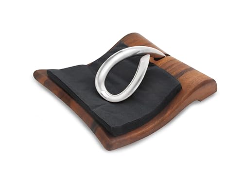 Nambe Breeze Napkin Holder - Modern Acacia Wood & Stainless Steel Tabletop Organizer