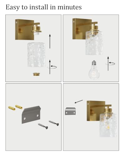 Hammered Glass Wireless Wall Sconces Set of Two Gold with Clear Shades - Rechargeable Battery Operated