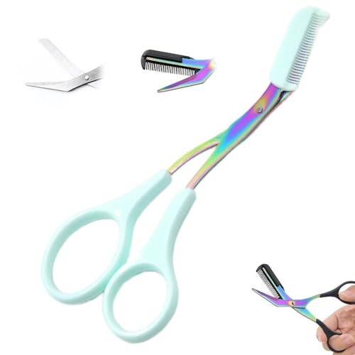 Eyebrow Trimmer Scissor, Stainless Steel 2 in 1 Eyebrow Scissors with Comb, Non-Slip Professional Eyebrow Trimmer Eyebrow Scissor Makeup Tool for Wome Men (Blue)