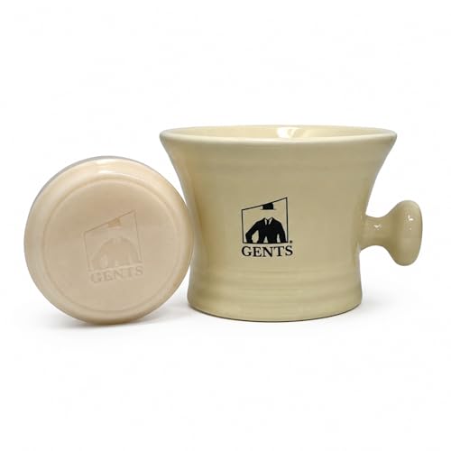 Heavy Duty Ceramic Ivory Shaving Mug with Knob Handle & Natural Soap Set