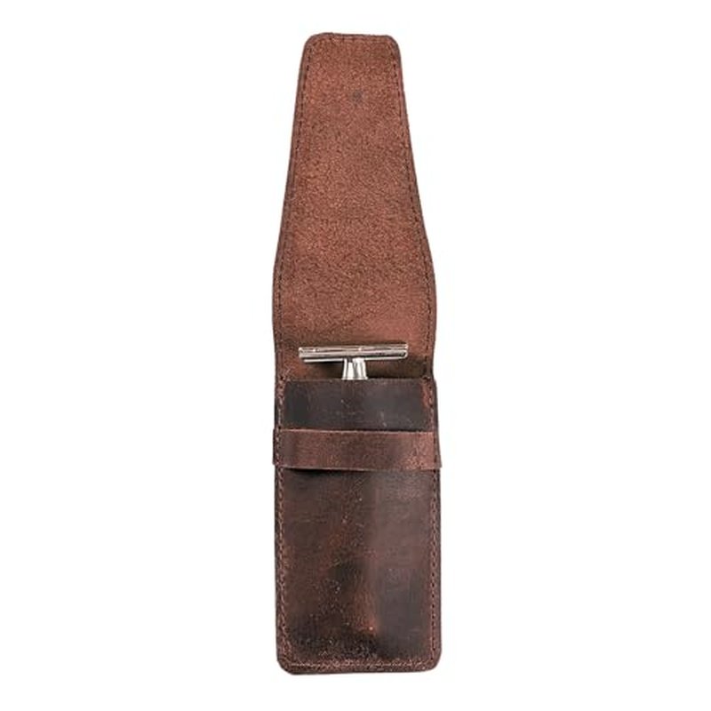 Leather Safety Razor Case Shaving Accessories Straight Safety Razor Holder for Double Edge Personal Care Essentials Handmade Shaver Case for Travel (Brown)
