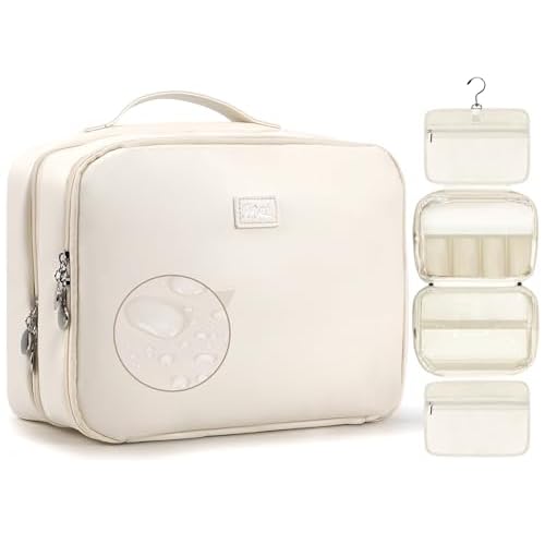 PU Leather Waterproof Travel Toiletry Bag with Jewelry Organizer, Hanging Travel Bag for Toiletries,Cosmetic Bags for Women Toiletries Organizer with 4 Compartments Portable Travel Essentials