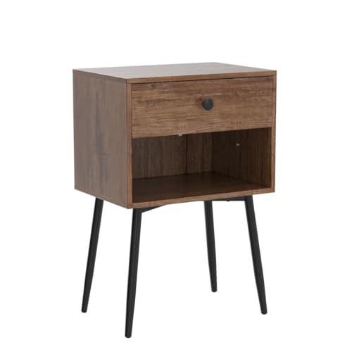 Set of 2 Rustic Brown Mid Century Nightstands with Storage Drawers & Open Shelves