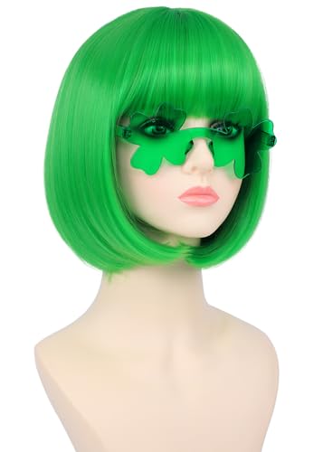 Green Bob Wig with Bangs, Accessories & Stickers for St Patrick's Day Costume