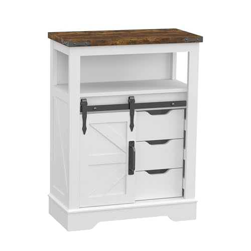 Panana Farmhouse White Bathroom Floor Cabinet with Sliding Barn Door & 3 Drawers