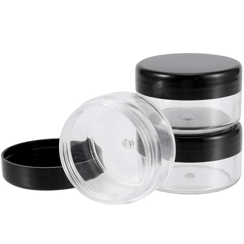 150 Pieces 10 Gram Plastic Cosmetic Sample Containers Jars with Black Lids, BPA Free, Small Lip Balm Containers, Clear Empty Lip Scrub Container for Creams and Lotions