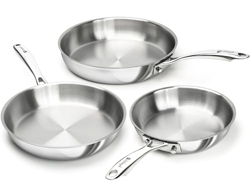Michelangelo 3-Pack Tri-Ply Stainless Steel Frying Pan Set 8/9.5/11 Inch - Fully Clad, Oven Safe, No Coating