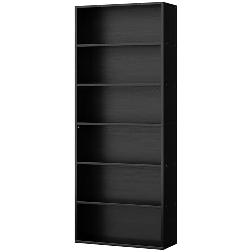 Black 6-Tier Open Bookcase - Modern Industrial Floor Standing Shelving