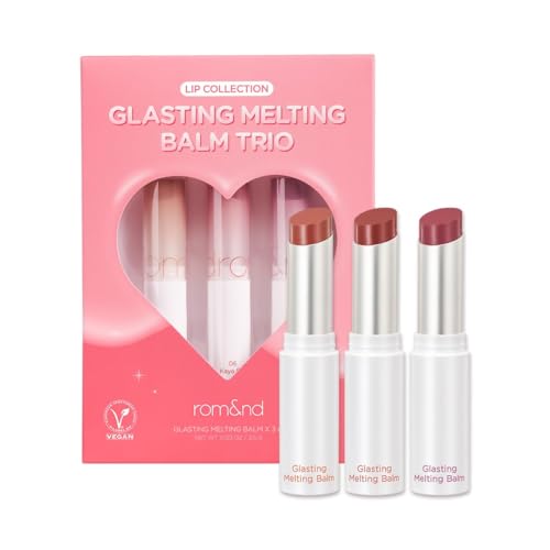 rom&nd Glasting Melting Balm Trio | Hydrating Lip Balm Set for Crystal Shine & Vivid Daily Colors | Non-Sticky, Gentle Formula for Plump, Dewy Lips | #05 Nougat Sand, #06 Kaya Fig, #07 Mauve Whip
