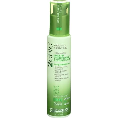 GIOVANNI 2chic Ultra-Moist Leave-In Conditioning Styling Elixir - Smoothes Frizz Prevents Breakage, For Dry & Damaged Hair, Avocado & Olive Oil, Enriched with Aloe Vera, Shea Butter - 4 fl oz