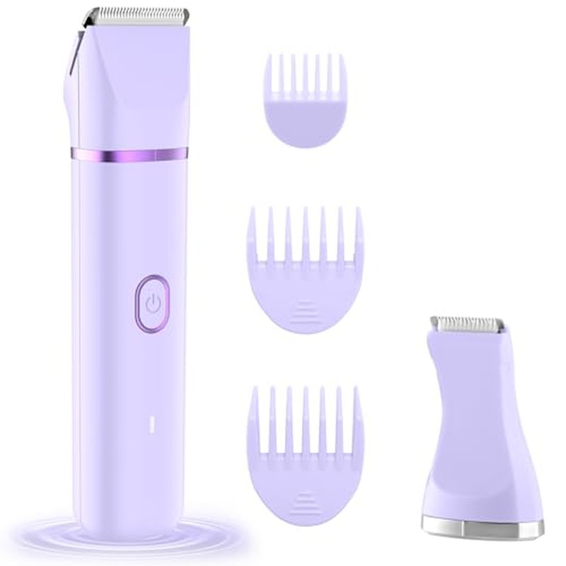 2-in-1 Bikini Trimmer for Women, Waterproof Painless Body Shaver for Legs, Underarms, Bikini Line with Narrow & Wide Ceramic Blades, 3 Combs, USB Rechargeable, Travel Friendly Gift for Women,Purple