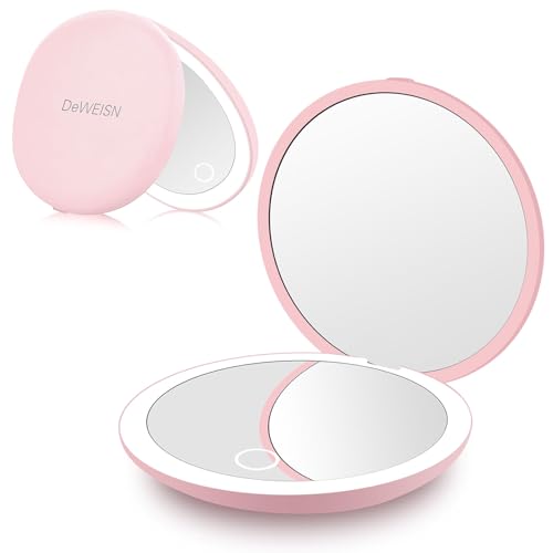 deweisn Compact Mirror,Portable Travel Makeup Mirror with Lights 1X/5X Magnification LED for Purse,Pocket,Handheld,2-Sided Folding Small Mirror Adjustable Brightness,Pink