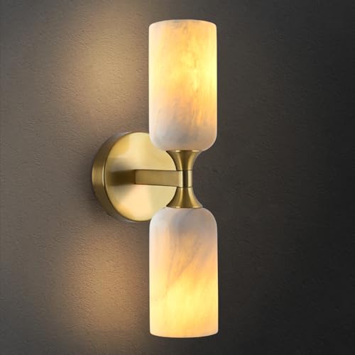 Gold Wall Sconce with Marble Shade - 15in Modern Bathroom Vanity Light