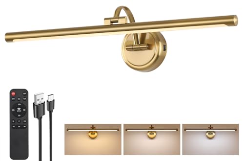 Brass Dimmable Battery Operated Picture Light 23.6inch with Remote & Timer - Tassuowell
